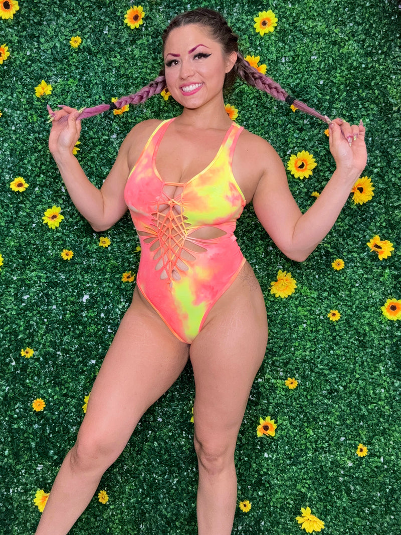 Pink Yellow Neon Weaved Tiedye Bodysuit