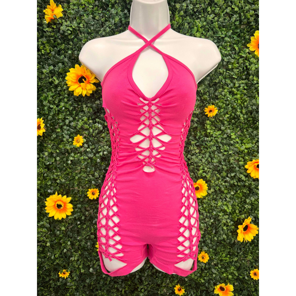 Hot Pink Weaved Romper