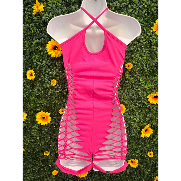 Hot Pink Weaved Romper